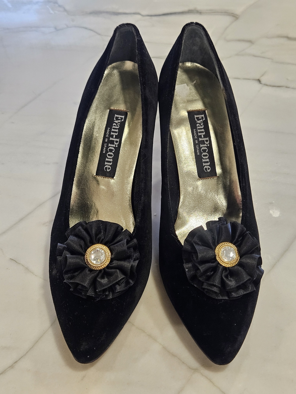Vintage Evan-Picone Black Velvet Evening Pumps with Crystal Flower Accents